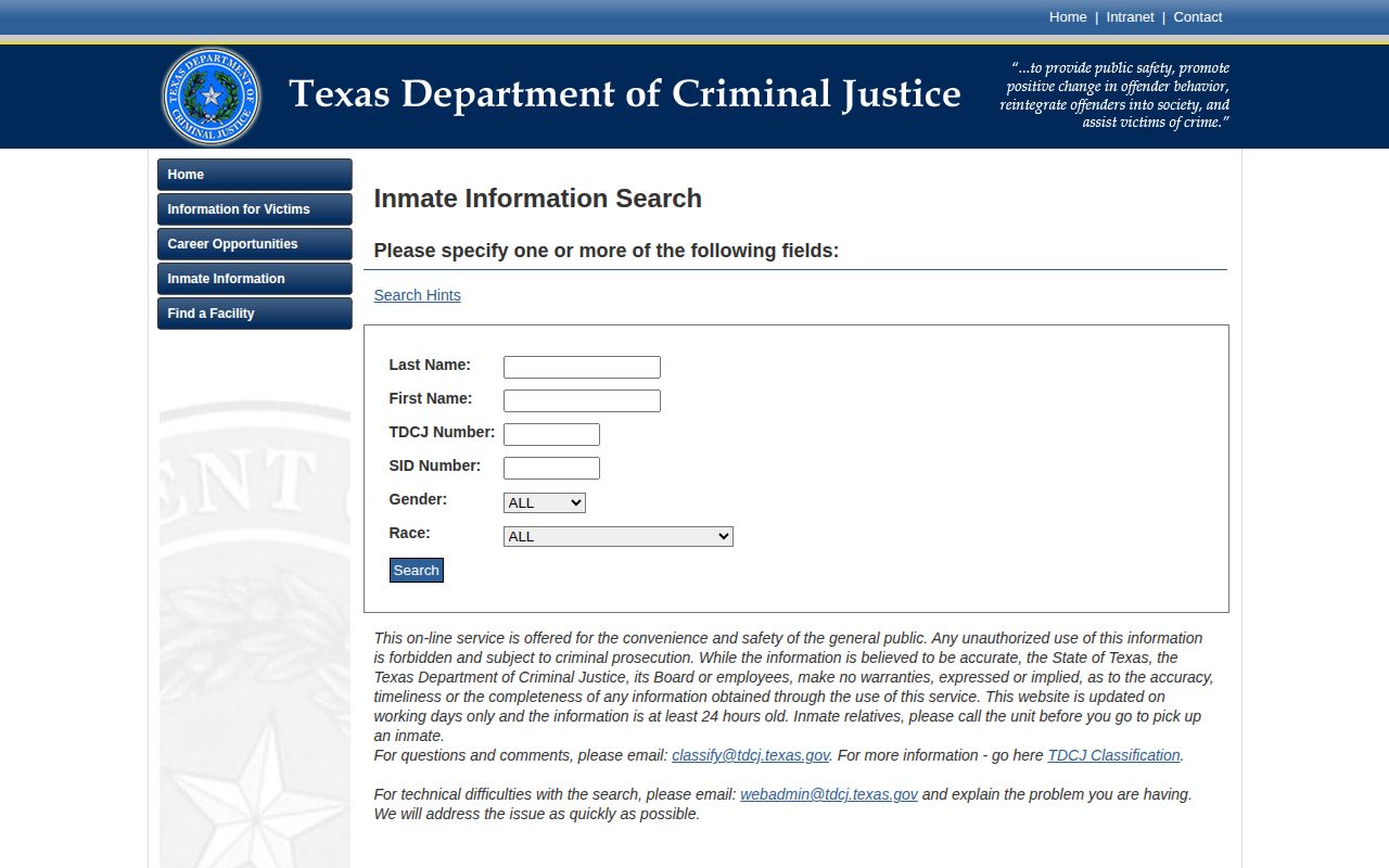 TDCJ offender search fields for Lee County release verification