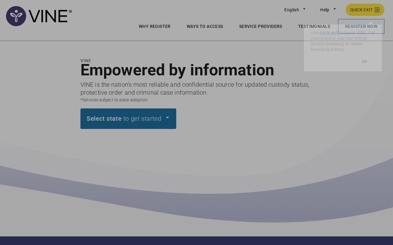 VINELink Texas selection and one-person custody search interface